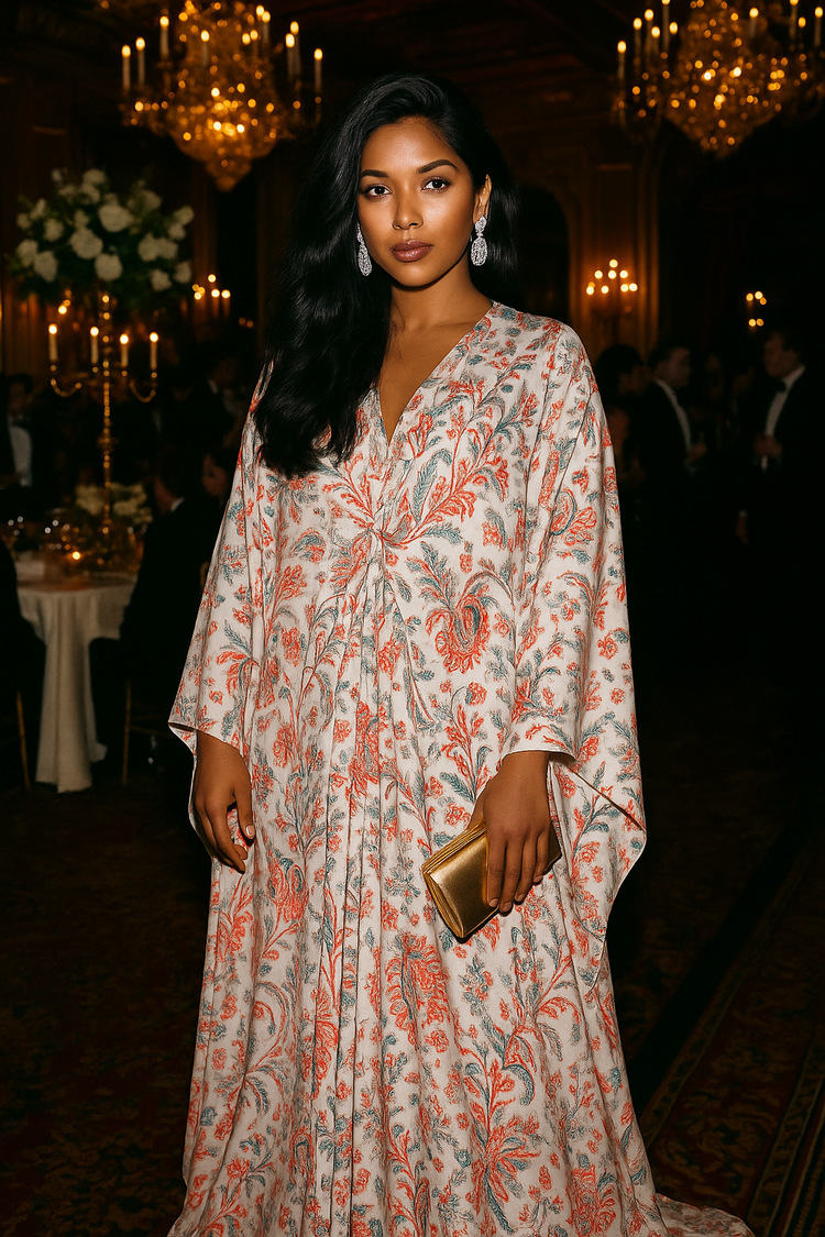 Woman wearing a cream and printed silk kaftan