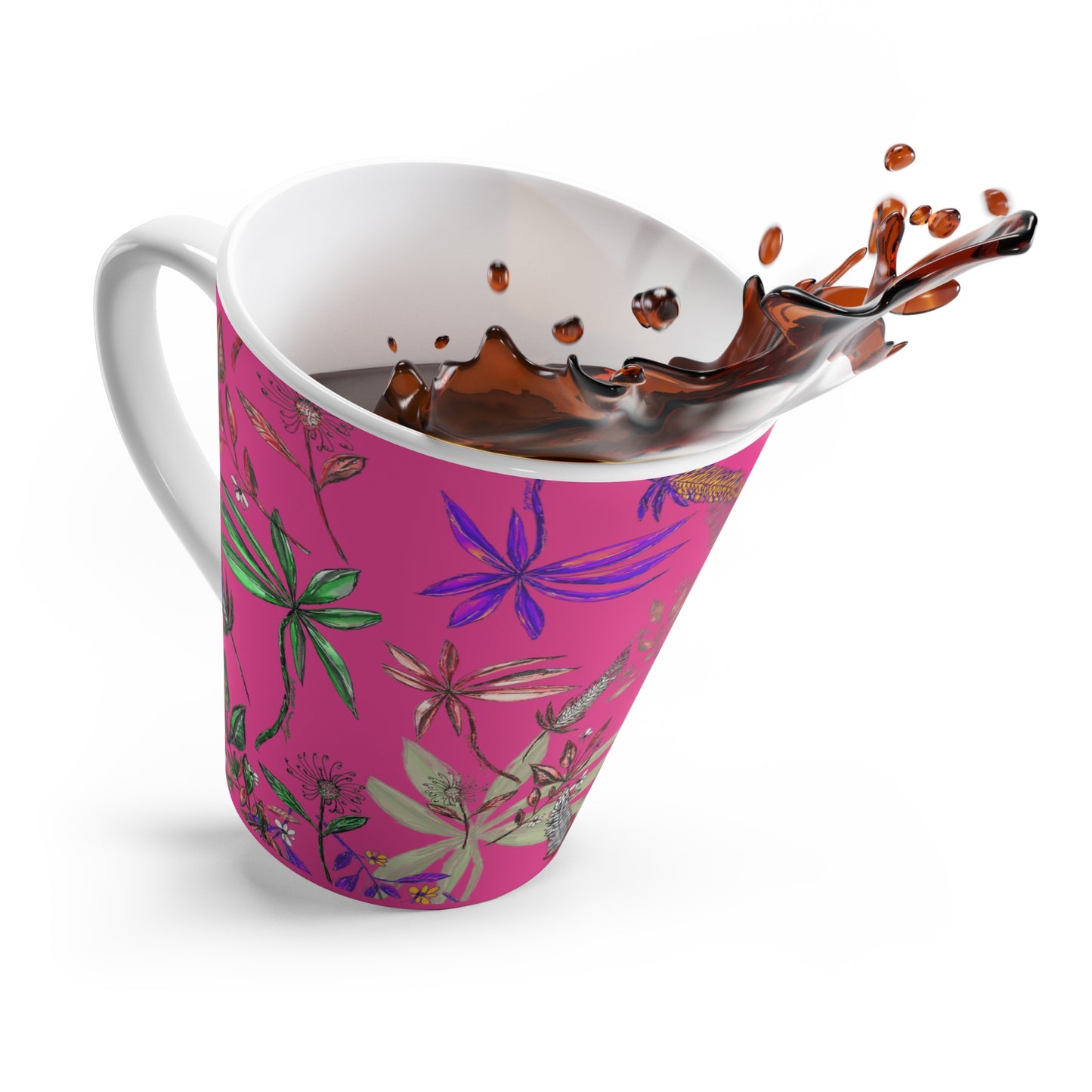 Pink Singapore Botanics Latte Mug, Colorful Layers, Unique Artwork Gift, Coffee and Chai Cup, Trendy 2025 Design
