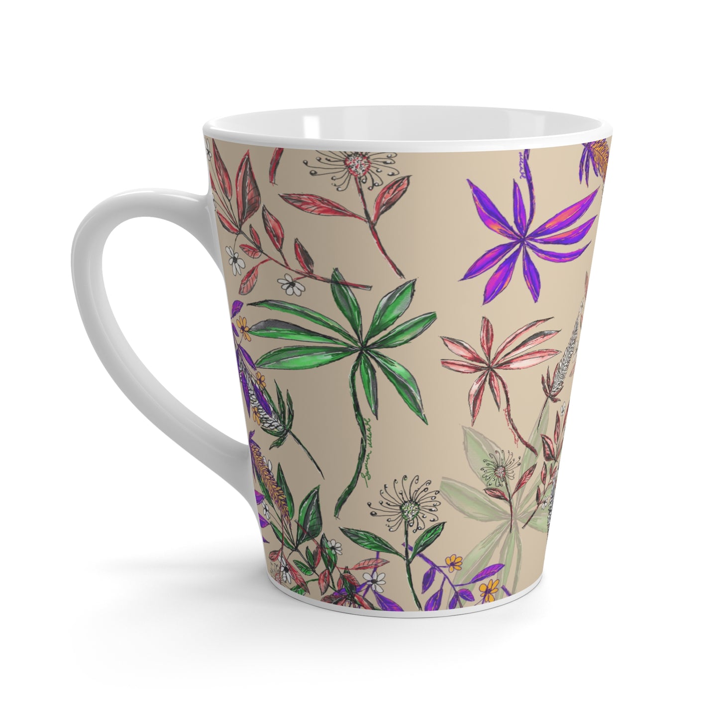 Singapore Botanics Latte Mug, Colorful Layers, Beige Background, Unique Artwork Gift, Coffee and Chai Cup, Trendy 2025 Design