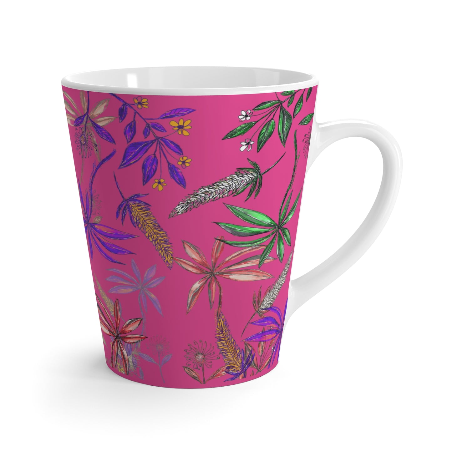Pink Singapore Botanics Latte Mug, Colorful Layers, Unique Artwork Gift, Coffee and Chai Cup, Trendy 2025 Design