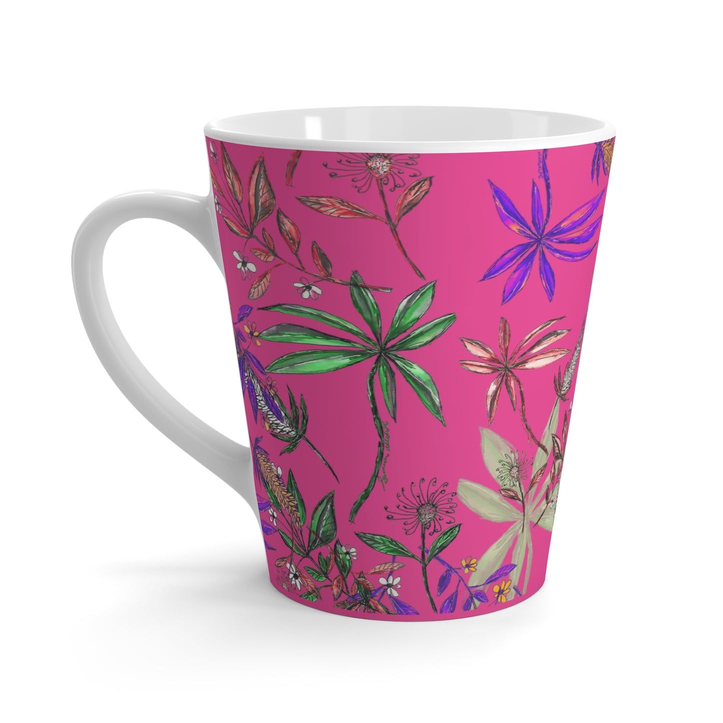 Pink Singapore Botanics Latte Mug, Colorful Layers, Unique Artwork Gift, Coffee and Chai Cup, Trendy 2025 Design