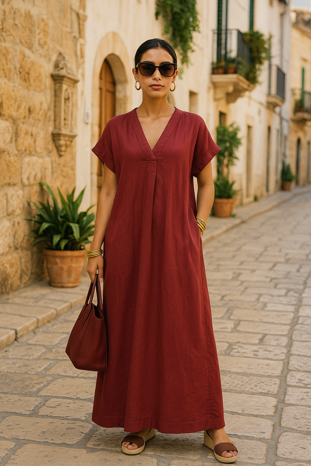 Linen V Neck Dress