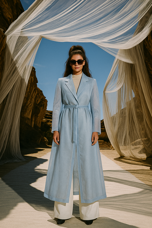 A model stands in a desert landscape beneath a dramatic archway of flowing orange organza fabric, wearing the Malik and Wolff AW25 organza trench coat-dress.