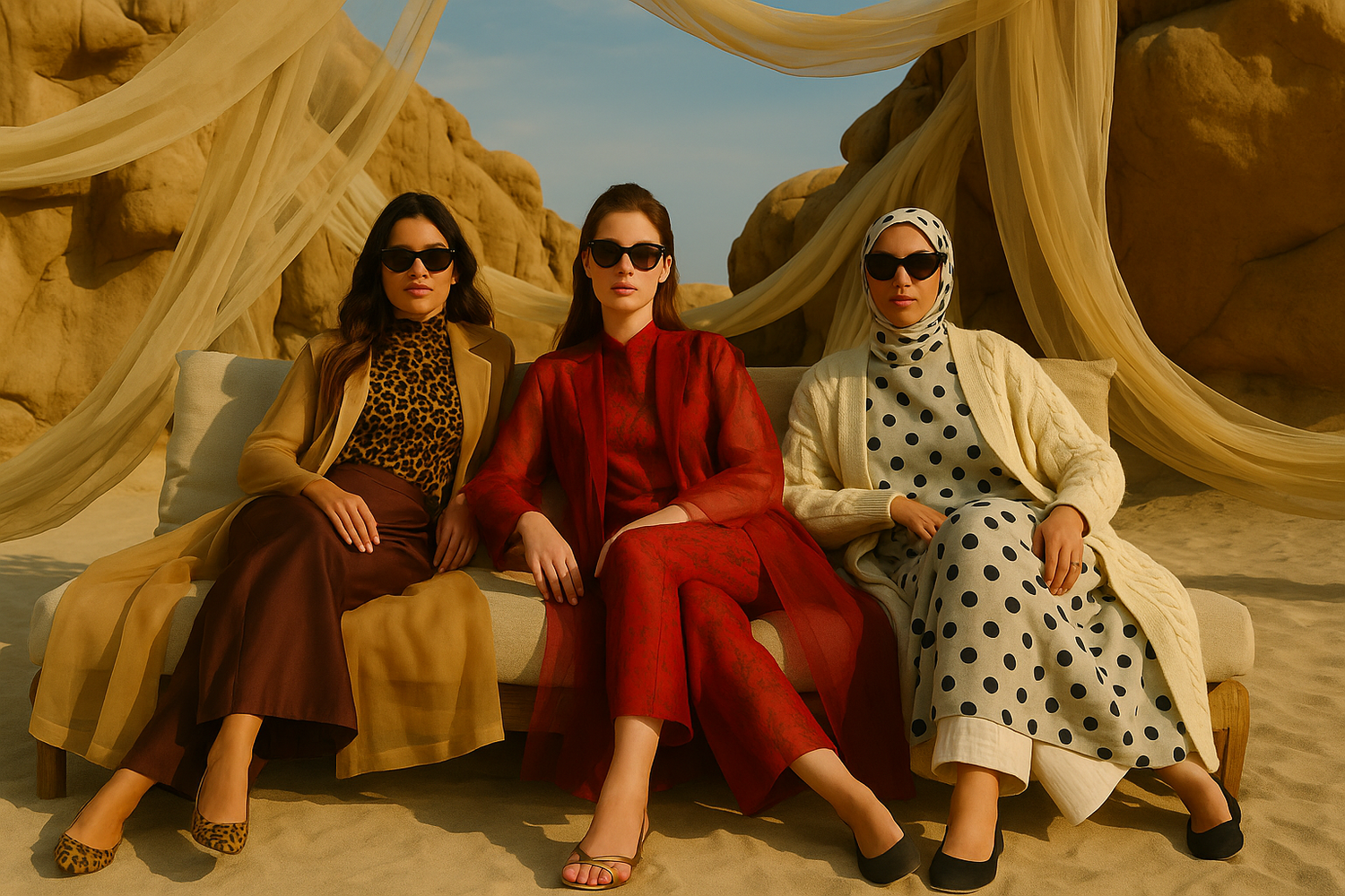 three women in luxurious organza fall winter collection