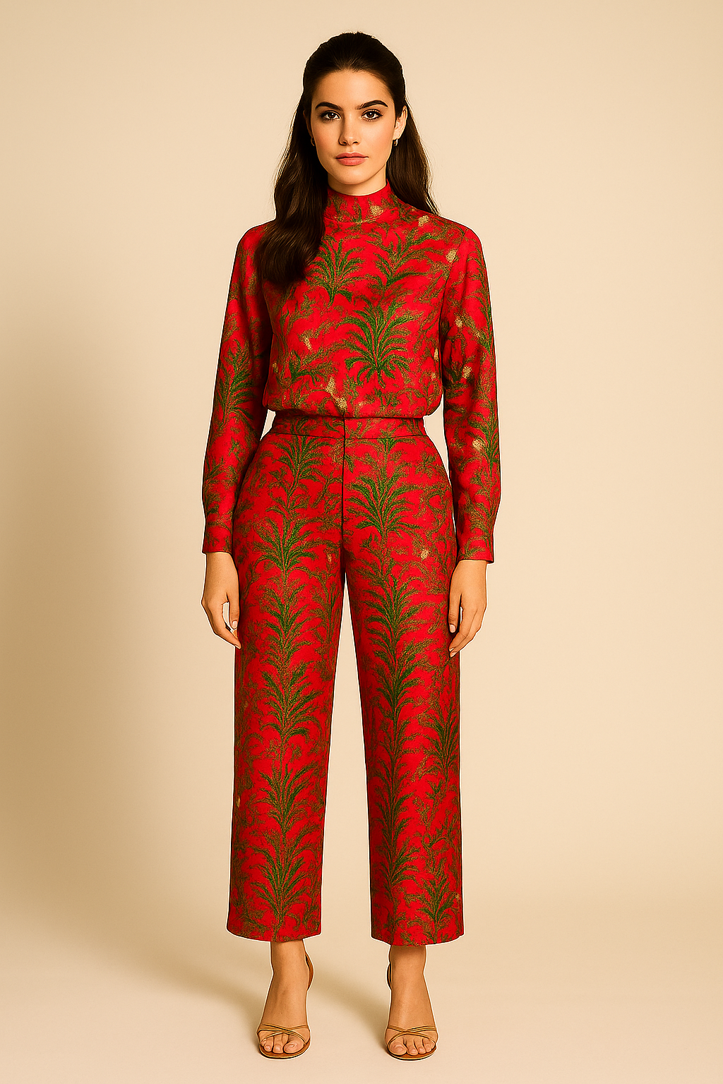 Woman wearing a crimson pink and green patterned outfit on a beige background