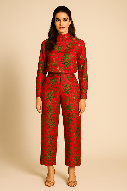 Woman wearing a crimson pink and green patterned outfit on a beige background