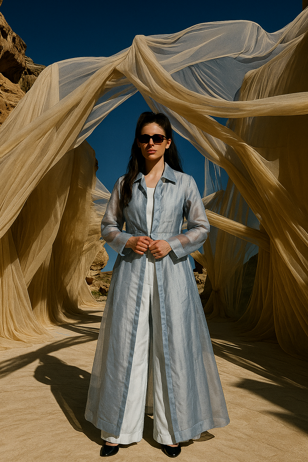 BLUE GREY ORGANZA COAT DRESS