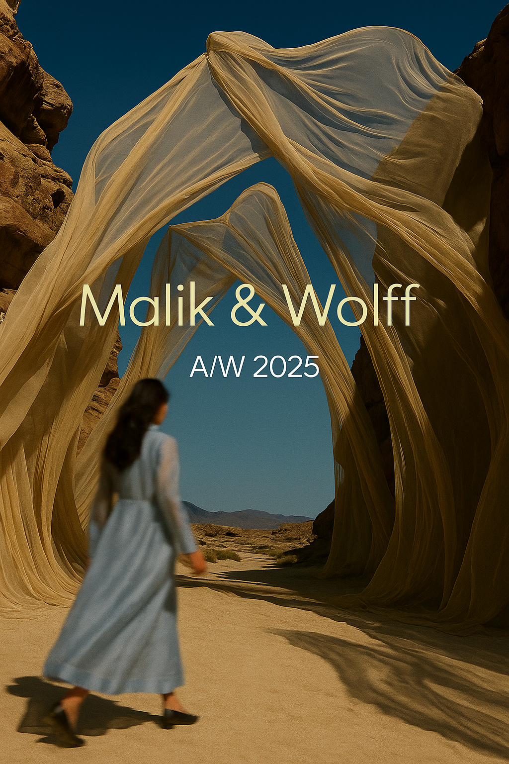 A model stands in a desert landscape beneath a dramatic archway of flowing orange organza fabric, wearing the Malik and Wolff AW25 organza trench coat-dress.