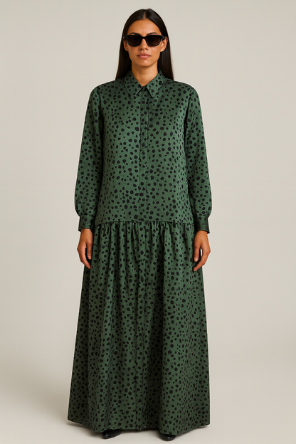 Sylvie OG Dress – Moss Green Polka-Dot Maxi