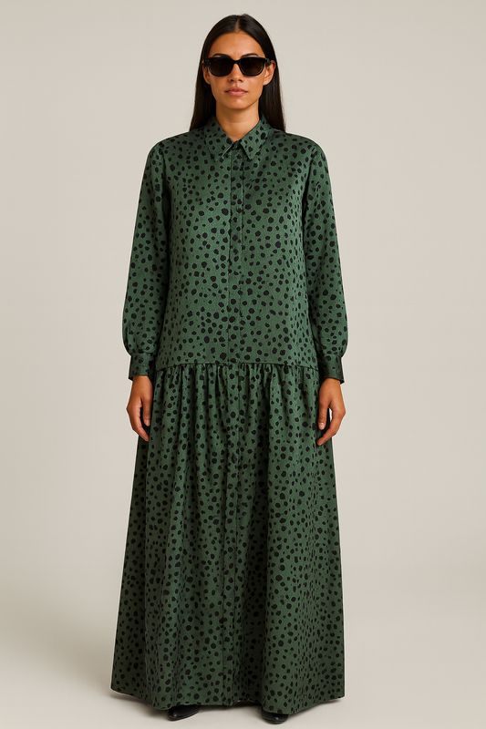 Sylvie OG Dress – Moss Green Polka-Dot Maxi