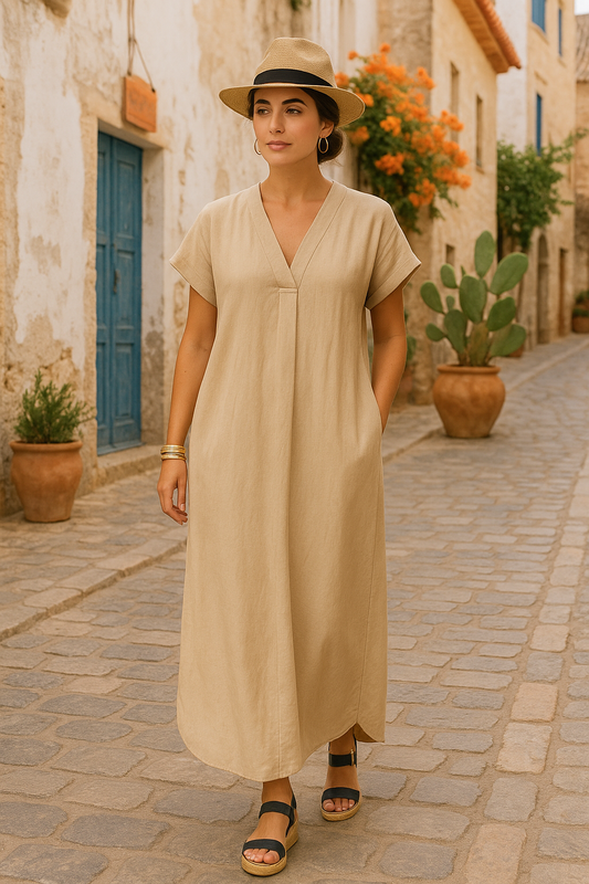 Linen V Neck Dress
